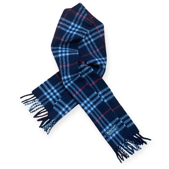 Burberrys Vintage Authentic 100% Lambswool Navy Blue Novacheck Fringe Scarf - Picture 1 of 4